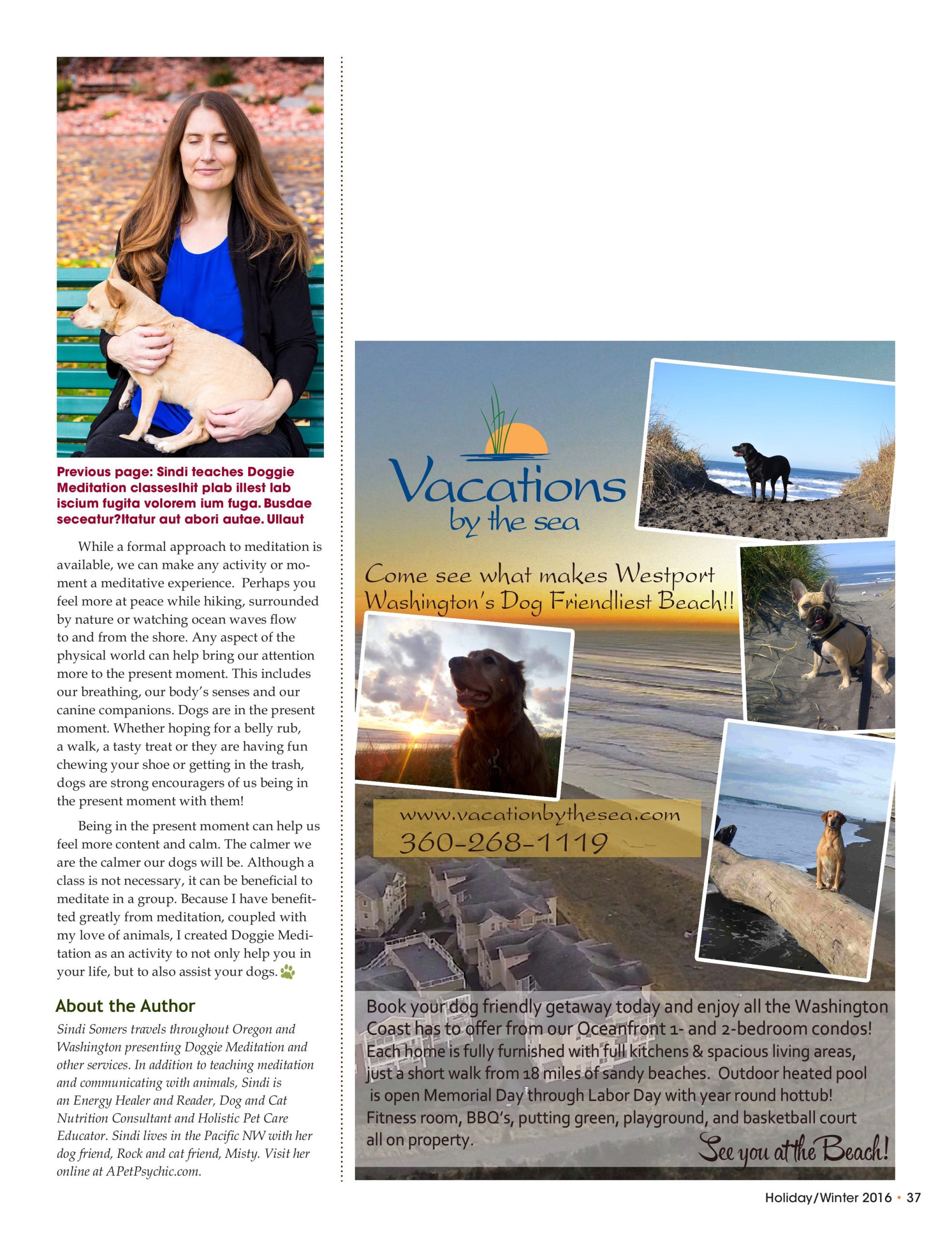 Sindi sitting with her eyes closed meditating with her cute, small dog friend, named Rock, sitting on her lap with page 2 of an article on meditation for CityDog Magazine.