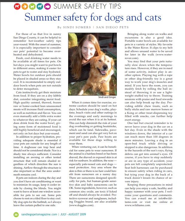 Photo of woman with cute golden retriever mix dog with article on summer safety for dogs and cats in San Diego Pets Magazine.